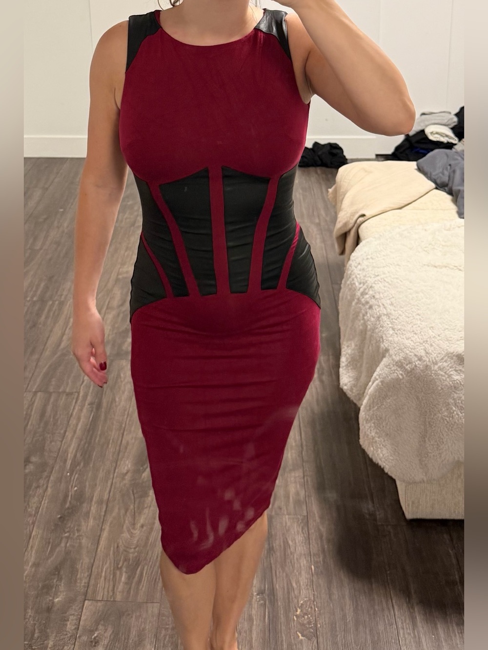 bebe Burgundy and Black Sculpted Bodycon Midi Dress